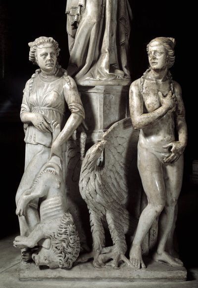 Detail der skulptierten Gruppen, die den Stuhl von Giovanni Pisano (1248-1314) tragen: zwei Kardinaltugenden (Detail der Skulpturen, die die Marmorkanzel tragen, zwei Kardinaltugenden) 1302-1311 Kathedrale von Pisa (Duomo di Pisa), Italien von Giovanni Pisano