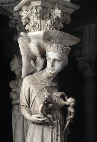 Detail der skulptierten Gruppen, die den Stuhl von Giovanni Pisano (1248-1314) stützen: Die Kirche nährt ihre Kinder (Detail) 1302-1311 Kathedrale von Pisa (Duomo di Pisa), Italien von Giovanni Pisano