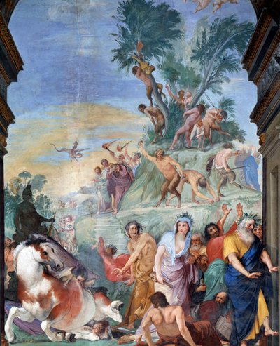 Die Musen und Dichterjagden des Parnassus (Musen und Dichter vom Parnassus vertrieben) Fresko-Detail von Giovanni da San Giovanni (1592-1636) 1634-1642 Museo degli argenti, Palazzo Pitti, Florenz von Giovanni da San Giovanni