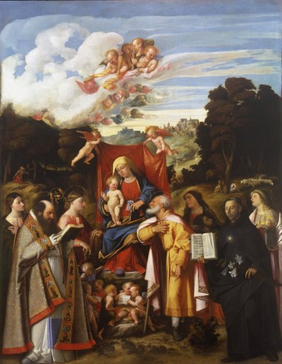 Madonna auf dem Thron mit Engeln, St. Apollonia, St. Augustinus, St. Katharina, St. Joseph, St. Grata, St. Philipp Benizzi und St. Barbara (St. Gotthard Altarbild) von Giovanni de Busi Cariani