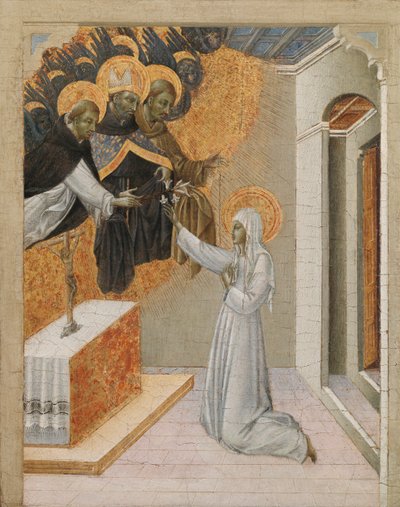 Predella-Tafel eines Altars: Die heilige Katharina von Siena wird mit dem Dominikanerhabit bekleidet, 1460er Jahre von Giovanni di Paolo