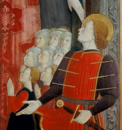 Detail von St. Sebastian, Madonna della Misericordia mit St. Venantius und St. Sebastian, 1463 von Girolamo Giovanni
