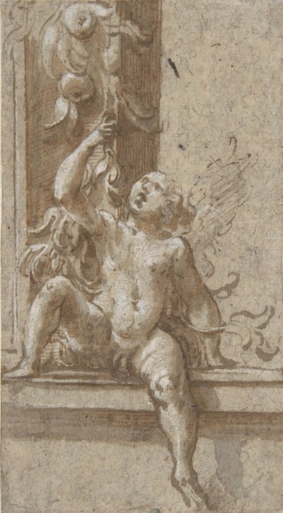 Ein Putto sitzt auf einem Rahmen, ca. 1538-40 von Girolamo Mazzola Bedoli