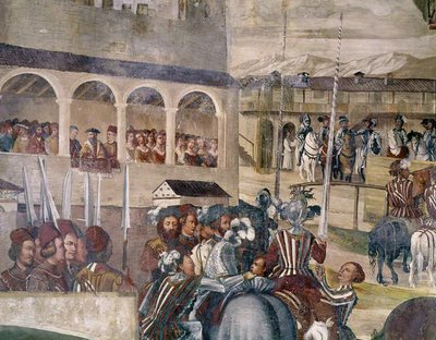 Turnier zu Ehren von Christian I. von Dänemark im Castello di Malpaga, Detail von der linken Seite, 1520-30 von Girolamo Romanino