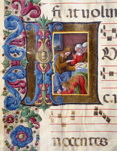 Illuminierte Initiale, die Maria Magdalena zu Füßen Jesu darstellt. Miniatur von Girolamo da Cremona (aktiv um 1451-1483) und Liberale da Verona (1445-1529) aus einem Chorbuch (Cod. 22/7. c.15v) aus der Kathedrale von Siena. 15. Jahrhundert von Girolamo da Cremona