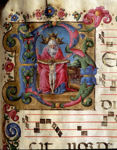 Lettrine B dekoriert, die die Heilige Dreifaltigkeit darstellt. Miniatur von Girolamo da Cremona aus einem Chorbuch der Kathedrale von Siena. 15. Jahrhundert von Girolamo da Cremona