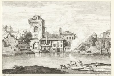 Ansicht einer Stadt mit Turm am Wasser von Giuliano Giampiccoli