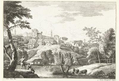 Hügellandschaft mit Stadt und Angler von Giuliano Giampiccoli