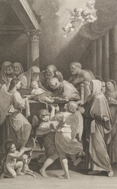 Die Beschneidung Christi, eine Gruppe von Männern, Frauen und Engeln umgeben ihn, ca. 1760-1800 von Giuliano Traballesi