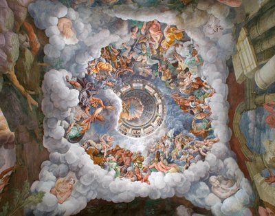 Zeus umgeben von anderen Göttern des Olymp, die Blitze gegen die Giganten werfen und sie zerstören, Gewölbe und die Süd- und Westwände, Kammer der Giganten (Sala dei Giganti) von Giulio (and workshop) Romano