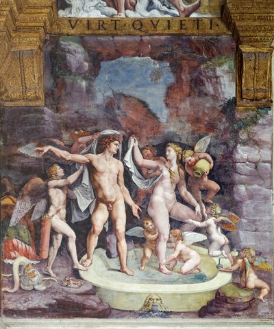 Zimmer der Psyche, Nordwand: Venus und Mars beim Baden; Eros und einige Cupids begleiten das Bad der Göttin (Fresko) von Giulio (workshop of) Romano
