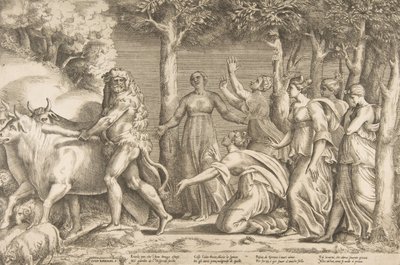 Herkules vertreibt das Vieh des Geryon, rechts sind die Nymphen der Hesperiden, 1531-76 von Giulio Bonasone