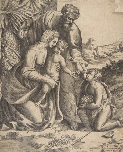 Heilige Familie mit Johannes dem Täufer, der rechts kniet, 1531-76 von Giulio Bonasone