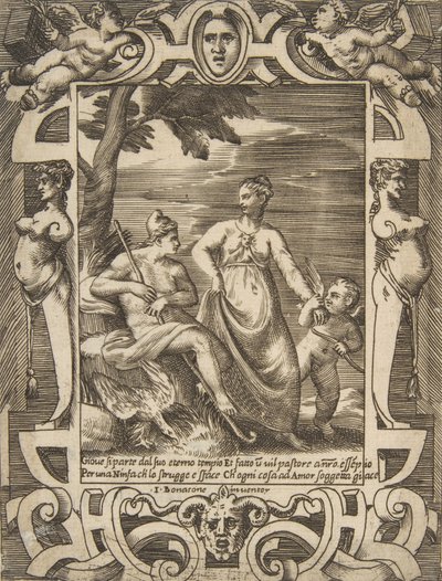 Jupiter links in der Gestalt eines Hirten begleitet von Mnemosyne, in einem aufwändigen... von Giulio Bonasone