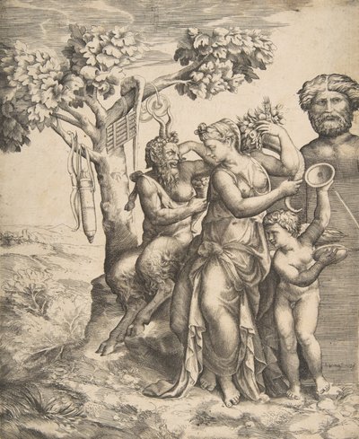 Pan links sitzend neben einer stehenden Nymphe, rechts Amor mit Zimbeln, 1531-76 von Giulio Bonasone