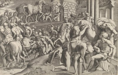 Die Trojaner ziehen das hölzerne Pferd nach Troja, 1545 von Giulio Bonasone