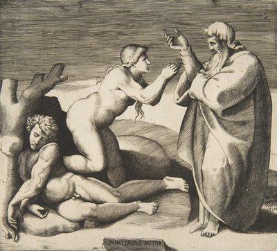 Die Erschaffung von Eva, die hinter Adam hervorkommt von Giulio Bonasone