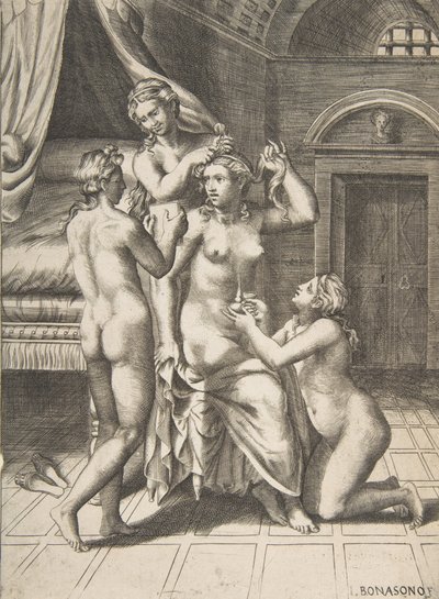Die Toilette der Psyche, die in der Mitte sitzt und bedient wird, 1531-76 von Giulio Bonasone