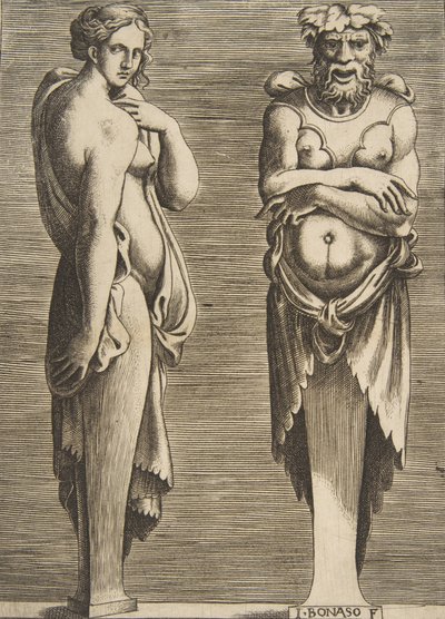 Zwei Figuren, eine Nymphe links und Silvanus rechts von Giulio Bonasone