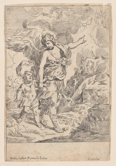 Ein Schutzengel, der Hand in Hand mit einem kleinen Kind geht, 1640-60 von Giulio Carpioni