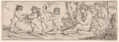 Bacchanal mit Satyr, der eine Laute spielt, umgeben von vier Figuren, die in eine Richtung schauen, 1640-60 von Giulio Carpioni