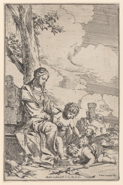 Die Heilige Familie mit dem kleinen Johannes, der die Füße Christi küsst, 1640-60 von Giulio Carpioni