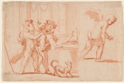 Zwei Putti tragen einen dritten Putto; ein weiterer Putto von hinten von Giulio Carpioni