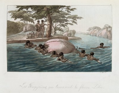 Bewohner von Sansibar überqueren den Fluss Lebee schwimmend - in „Das alte und moderne Kostüm“ von Ferrario, ed. Mailand von Giulio Ferrario