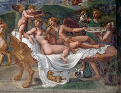 Amor und Psyche mit ihrer Tochter Voluptas (Vergnügen) auf dem Bett liegend, Detail aus Hochzeitsfest oder Bankett der Götter, Fresko von Giulio Romano (1499-1546), Palazzo Te, Mantua (UNESCO-Welterbeliste, 2008), Lombardei, Italien von Giulio Romano