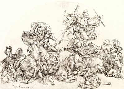 Diomedes, verwundet von Pandarus, wird von Pallas Athene getröstet von Giulio Romano