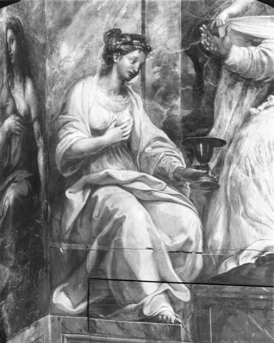 Glaube, eine der zwei allegorischen Figuren um Papst Silvester I. (314-35) (Detail) von Giulio Romano