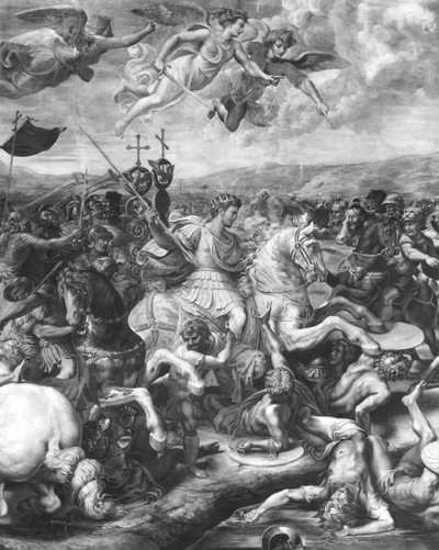 Die Schlacht von Konstantin, 312 n. Chr., aus der Sala di Costantino, Raphael-Räume (Detail) von Giulio Romano