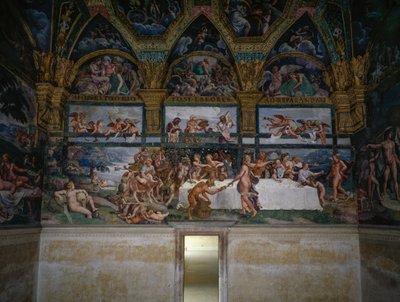 Hochzeitsfest oder Bankett der Götter, Fresko von Giulio Romano, Westwand der Kammer von Amor und Psyche, Palazzo Te, Mantua, Lombardei, Italien von Giulio Romano