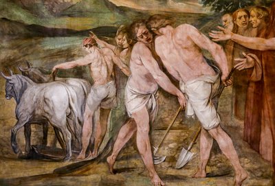 Romulus pflügt die Grenzlinie um die zukünftige Stadt Rom (Detail) von Giuseppe Cesari