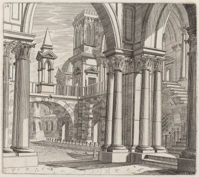 Architektonische Fantasie mit Gebäuden, Treppen und Portalen an einem Kanal von Giuseppe Antonio Landi
