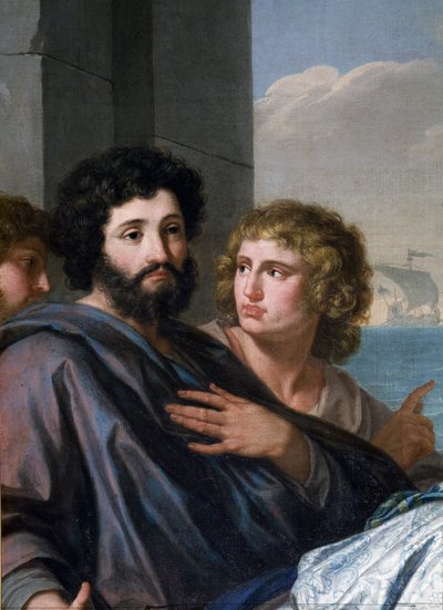 Heilige Paula (Santa Paola Romana) auf dem Weg ins Heilige Land. Eine Witwe im Alter von 33 Jahren, folgte sie dem Heiligen Hieronymus und reiste mit ihrer Tochter Sainte Eustochium 385 auf eine Pilgerreise zu den Heiligen Stätten. Detail eines bärtigen Ma von Giuseppe Bottani