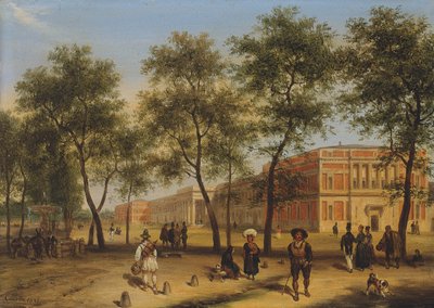 Vermutliche Ansicht des Paseo del Prado mit dem Prado-Museum, Madrid, 1827 von Giuseppe Canella