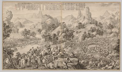 Durchbruch der Belagerung bei Hesui: aus Schlachtszenen der Niederschlagung von Aufständen in den westlichen Regionen, mit kaiserlichen Gedichten von Giuseppe Castiglione