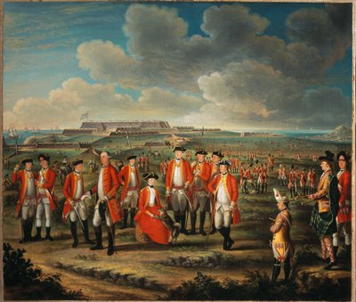Lady Louisa Lennox mit dem Regiment ihres Mannes, 25. Regiment zu Fuß, mit Lord George Lennox neben ihr und Fort St. Philip, Port Mahon, im Hintergrund, ca. 1771 von Giuseppe Chiesa