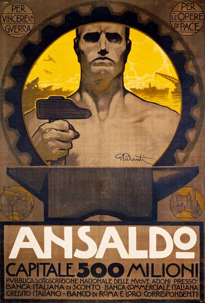 Arbeiter mit Hammer und Amboss, Plakat von Ansaldo aus Genua für die Zeichnung neuer Aktien von Giuseppe Palanti