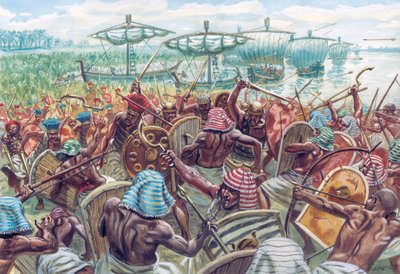 Antikes Ägypten: Die Schlacht im Delta war eine Seeschlacht zwischen Ägypten und den Seevölkern um 1175 v. Chr., als der ägyptische Pharao Ramses III. eine große Seeinvasion abwehrte - Illustration von Giuseppe Rava von Giuseppe Rava