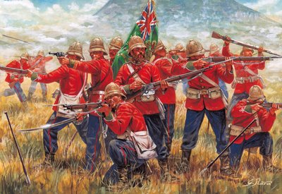 Anglo-Zulu-Krieg: Soldaten des Britischen Empire in der Schlacht von Isandhlwana (Isandlwana oder Isandula) in Südafrika, 22.01.1879 - Illustration von Giuseppe Rava von Giuseppe Rava