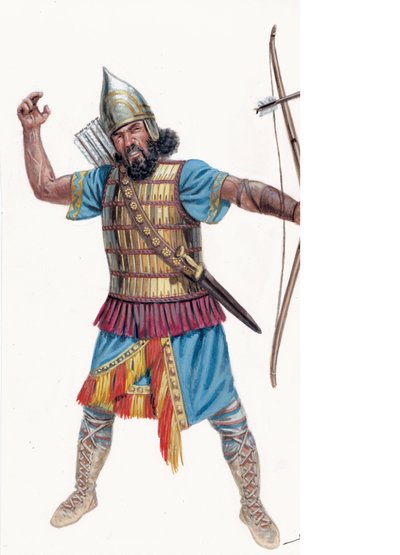Antike: Schwerer Bogenschütze von Assyrien - Assyrischer schwerer Bogenschütze - Illustration von Giuseppe Rava von Giuseppe Rava