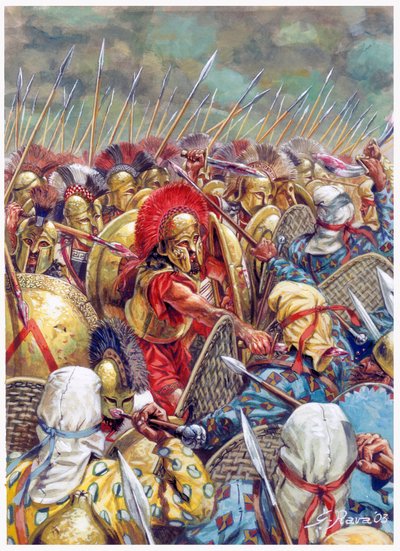 Schlacht bei den Thermopylen: Die spartanische Armee unter dem Kommando von Leonidas I. kämpft 480 v. Chr. gegen die Perser (Illustration von Giuseppe Rava) von Giuseppe Rava