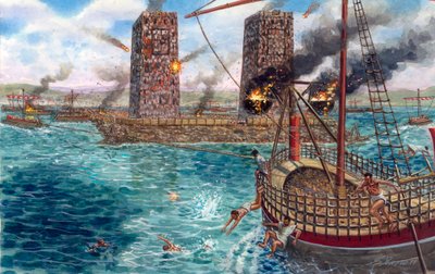 Eroberung des Persischen Reiches: die Belagerung von Tyros durch König Alexander den Großen (356-323 v. Chr.) im Jahr 332 v. Chr. - Illustration von Giuseppe Rava von Giuseppe Rava