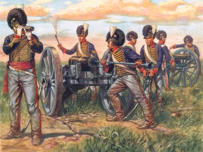 Erstes Kaiserreich: englische Artilleriesoldaten laden eine Kanone in der Schlacht von Waterloo im Jahr 1815 - Illustration von Giuseppe Rava von Giuseppe Rava