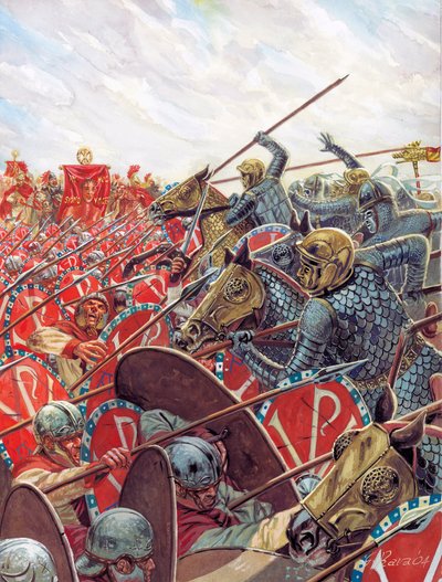 Römische Antike: Schlacht an der Milvischen Brücke am 28.10.312 zwischen Konstantin und Maxentius bei Rom - Illustration von Giuseppe Rava von Giuseppe Rava