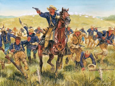 Spanisch-Amerikanischer Krieg oder Kubanischer Unabhängigkeitskrieg (1868-1898) zwischen Spanien und Nordamerika: Porträt des amerikanischen Soldaten und Politikers Theodore Roosevelt (1858-1919), der mit den Rough Riders in Kuba angreift - Spanisch-Amerik von Giuseppe Rava