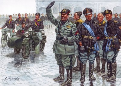 Der Duce Benito Mussolini (1883-1945), begleitet von seinen Schwarzhemden, beim faschistischen Gruß während einer Militärparade - Illustration von Giuseppe Rava von Giuseppe Rava