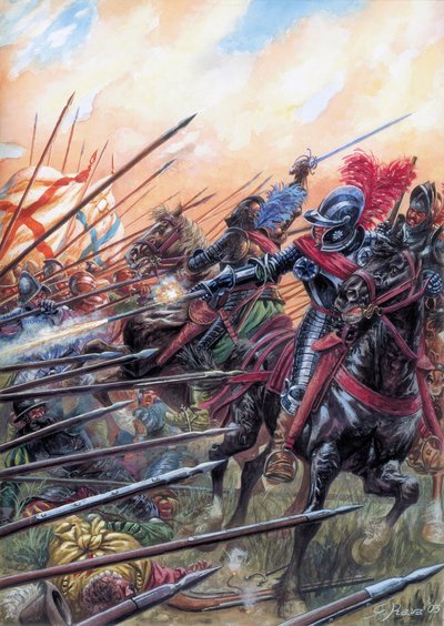 Religionskriege: Die Schlacht von Ivry am 14.03.1590 sah den Sieg der königlichen Armee gegen die Katholische Liga - Illustration von Giuseppe Rava von Giuseppe Rava